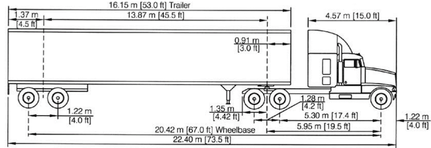 FIGURE 9. Dimensions of WB-20 Design Vehicle
Figure 9 shows a drawing of an interstate semitrailer WB-20 (also known as WB-65 or WB-67), which was used as the design vehicle in the study.

